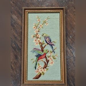 Vintage Wool Needlepoint Birds On Flowering Branch Wall Hanging